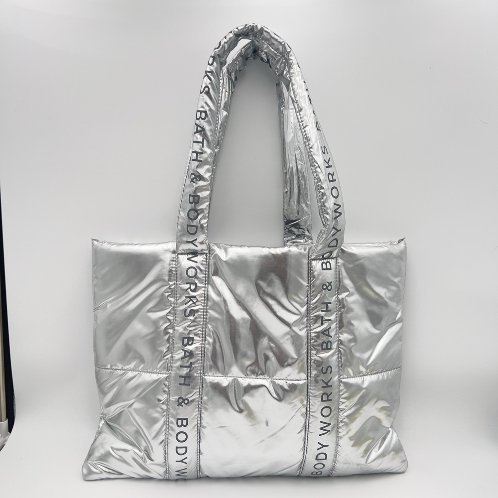 Bath & Body Works Bling Shine 19" x 14" Puffer Tote Bag Metallic Silver Logo NWT